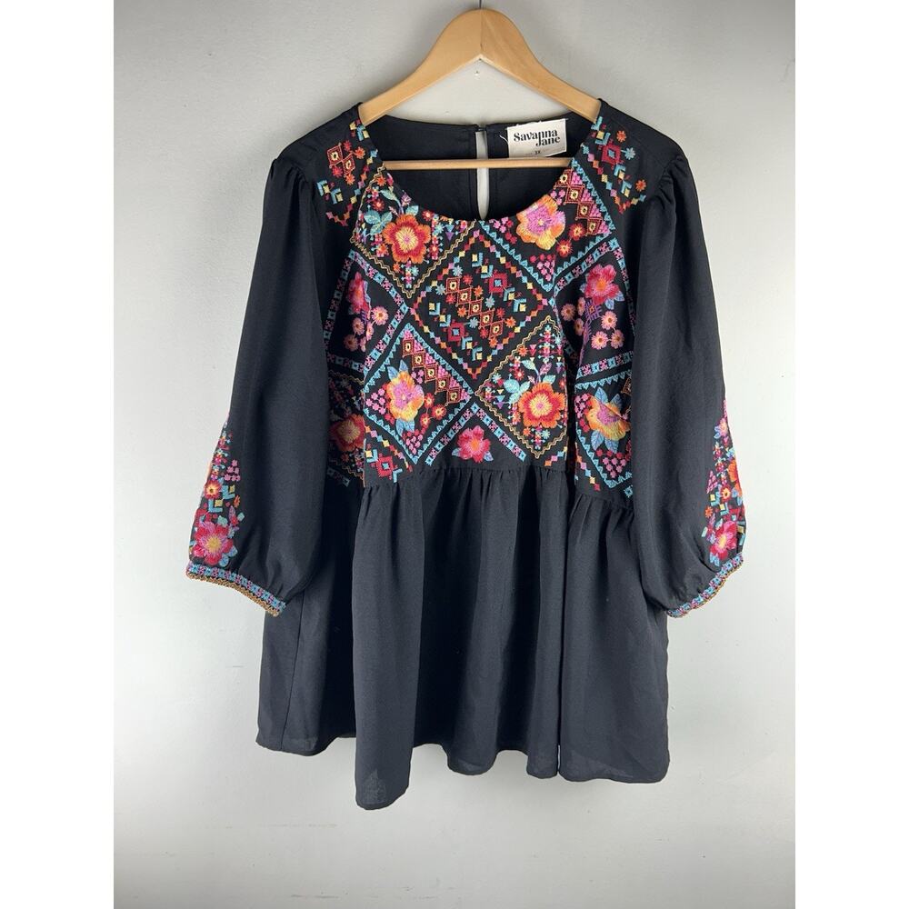 Savanna Jane Shirt Womens 3X Black Floral Embroidered Boho Peasant Puff Sleeve